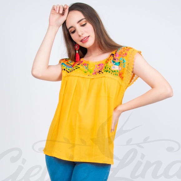 Cielito Lindo Tops - Mexican Embroidered Yellow Top Intricate Design